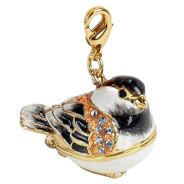 crystal accented bejeweled enameled pewter chickadee, keychain, key fob, trinket box