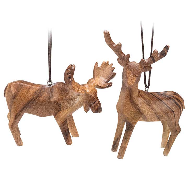 carved wood look moose and deer christmas ornaments, rustic cabin decoration