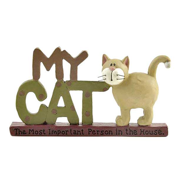blossom bucket cat figurine with; "MY CAT, The Most Important Person in the House" lettering