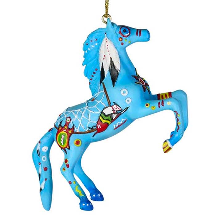 trail of painted ponies 6004262 native dreamer, blue horse with colorful native american art hanging ornament - right side view