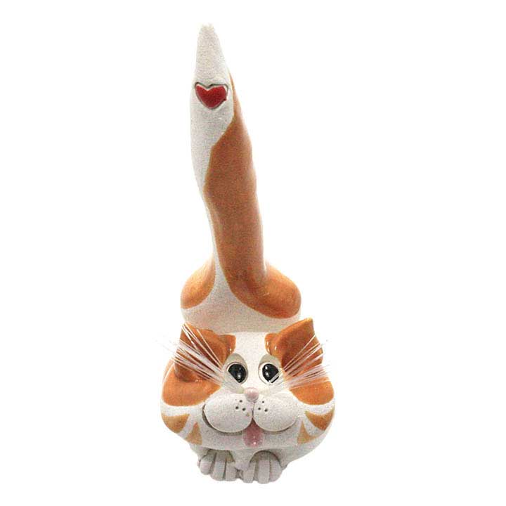 front view - one of a kind glazed ceramic orange tabby cat with red heart design on tail figurine, ring holder