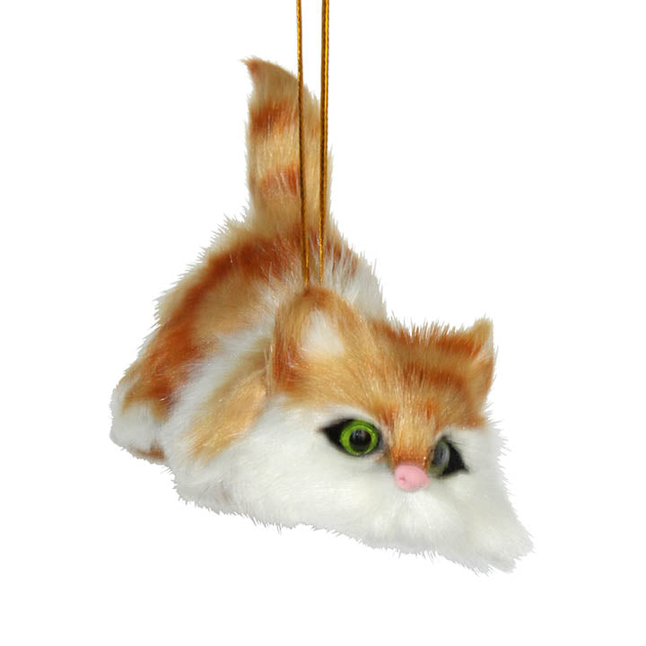 orange tabby furry kitten with green eyes ornament facing forward right