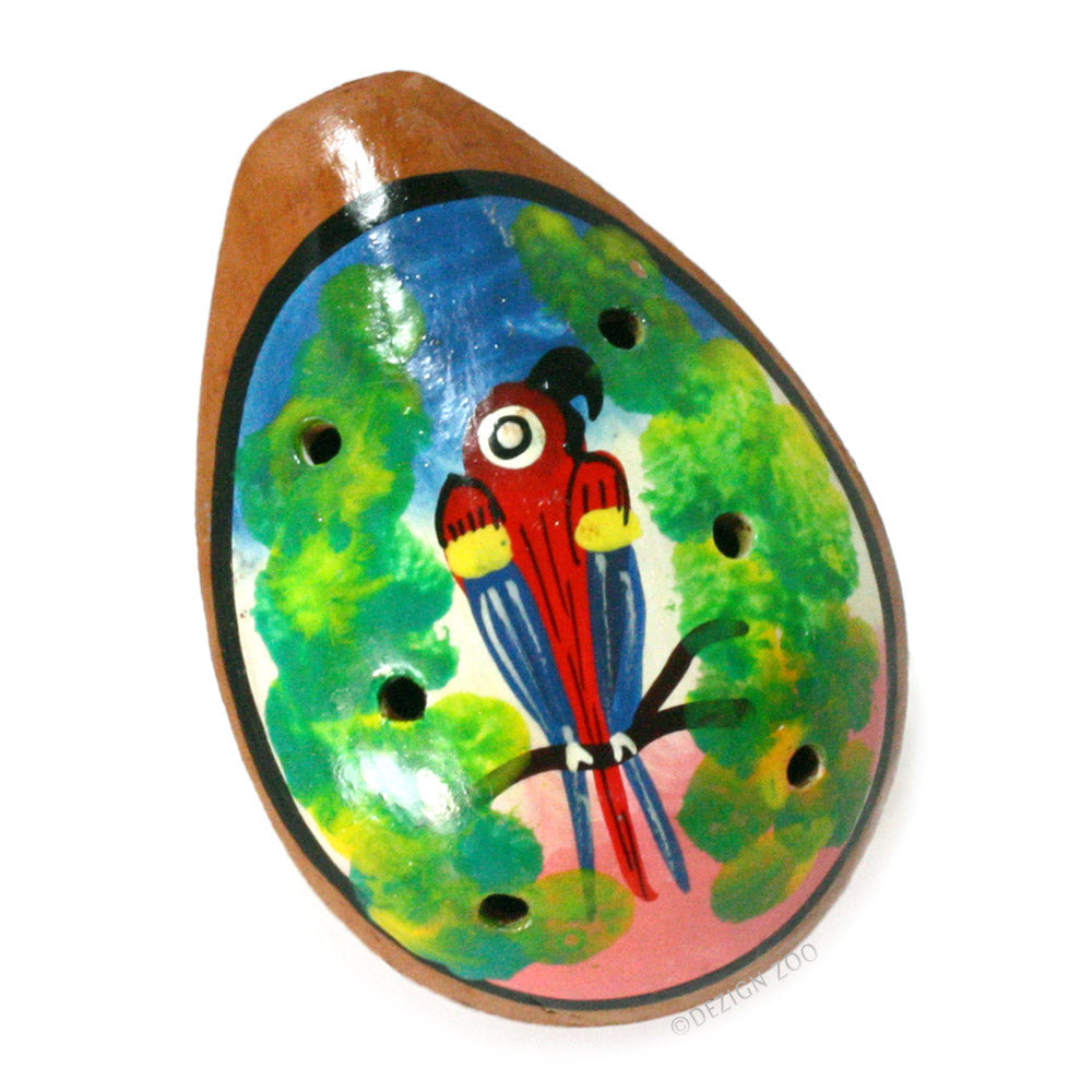 clay red and blue parrot design ocarina