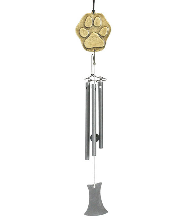 brass pet paw print with silver colored musical tubes and clapper hanging wind chimes
