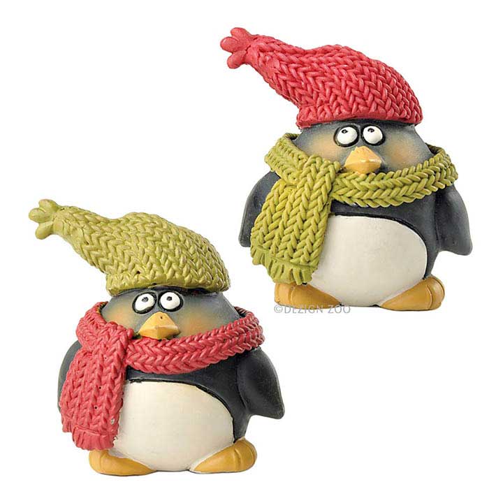 blossom bucket holiday themed figurines - set of 2 penguins facing forward wearing red and green scarves and hats