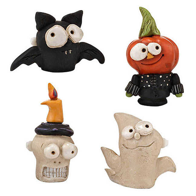 janell berryman pumpkinseeds halloween character costume jewelry lapel pin set; black bat, pumkin headed man, skull with candle on head, ghost with googly eyes