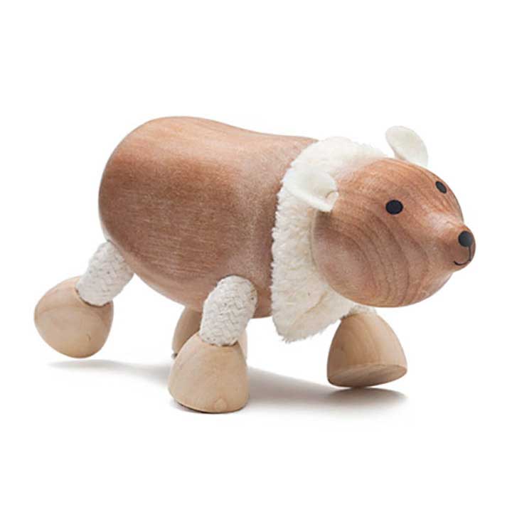 anamalz wood and cloth polar bear figurine, pretend play interactive toy - right side, front view