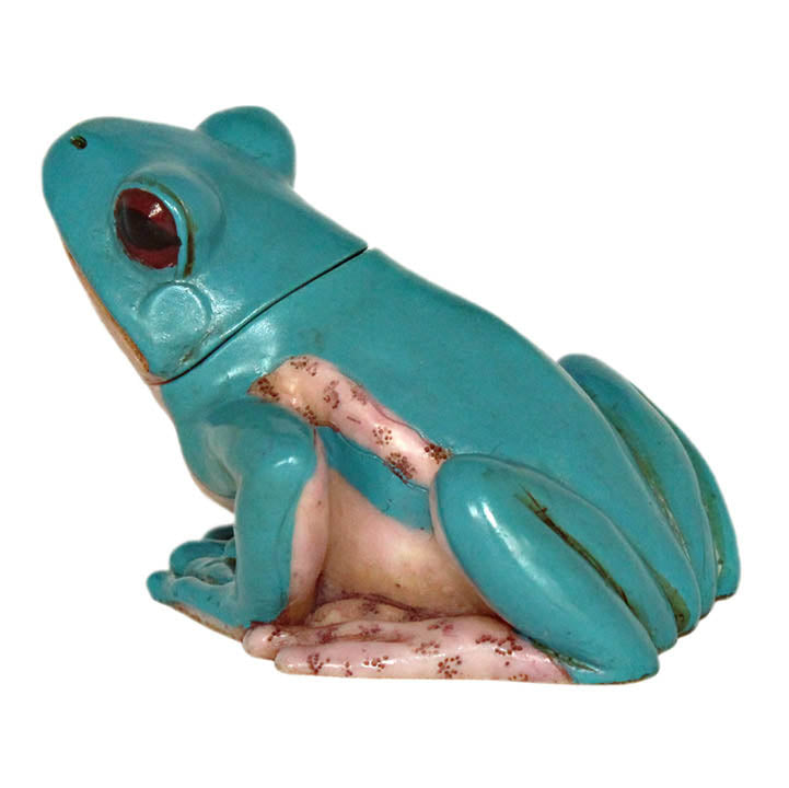 harmony ball kingdom pulo blue dart frog pot belly trinket box figurine facing left with view of back