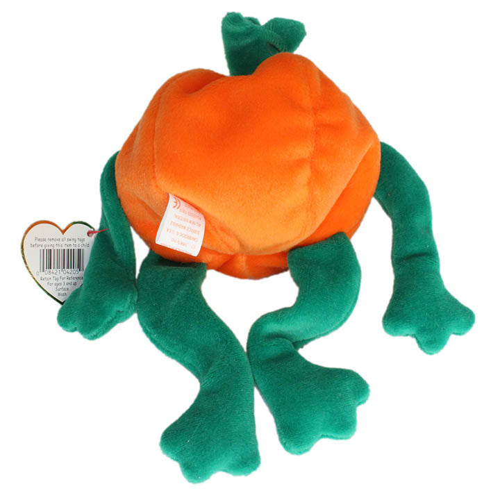 back view of TY beanie baby Pumkin' smiling jack o lantern pumpkin with green arms and legs and heart and tush tags