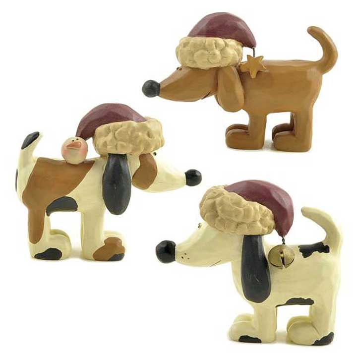 blossom bucket dog figurines - set of 3 dogs in santa hats with different pom charms, side view