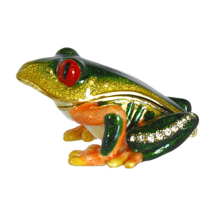 clear crystal accented bejeweled enameled pewter red eyed tree frog trinket box figurine - left side, legs view