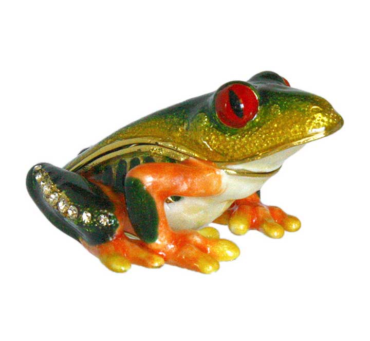 kubla crafts 3384 clear crystal accented bejeweled enameled pewter red eyed tree frog trinket box figurine - front, right leg view