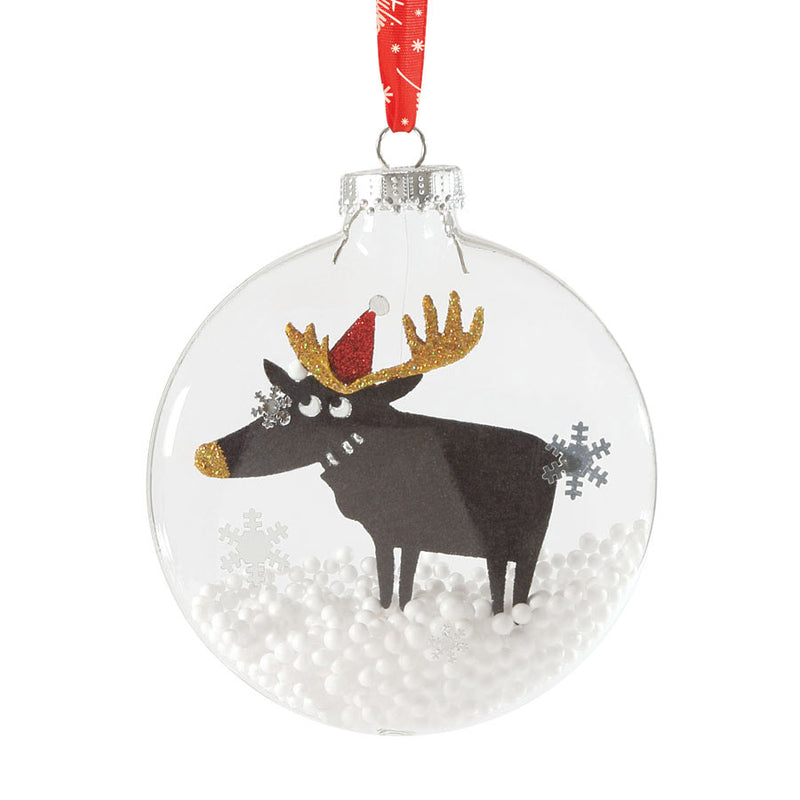 department 56 animalz collection smiling reindeer and styrofoam snow inside a glass disc ornament hanging from red and white ribbons
