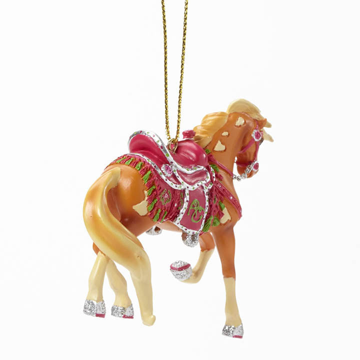 retired trail of painted ponies rhinestone cowgirl tawny pinto horse with pink saddle and tack back right view