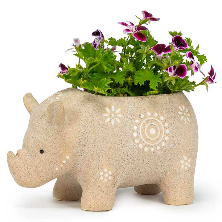 ceramic rhinoceros planter, decorative pot - left side view, detail