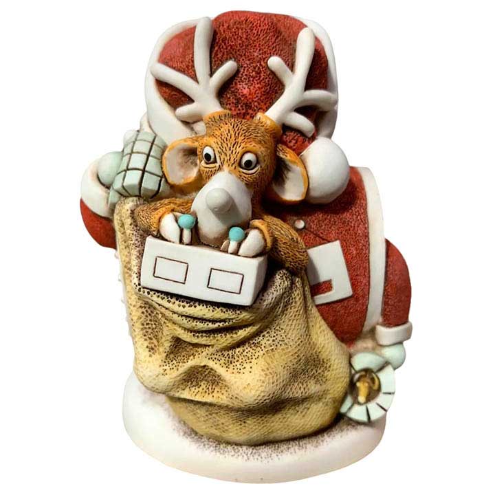 harmony kingdom roboclaws 2022 annual santa treasure jest - back view showing reindeer in toy bag at controls, signature mouse in tube