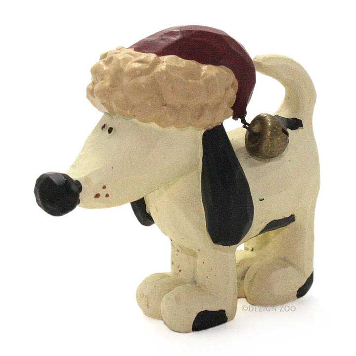 blossom bucket figurine, dog with white and black spots wearing santa hat with bell pom charm