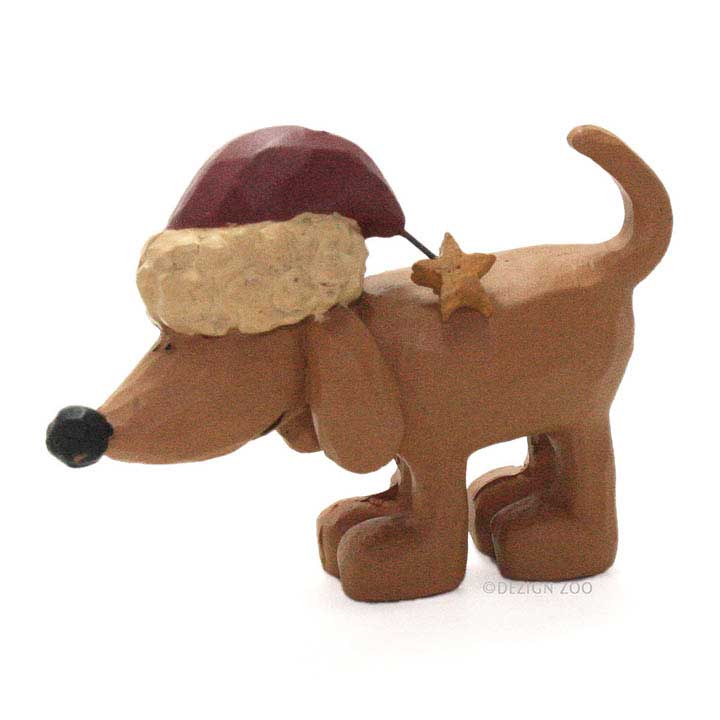 blossom bucket figurine, brown dog wearing santa hat with star pom charm