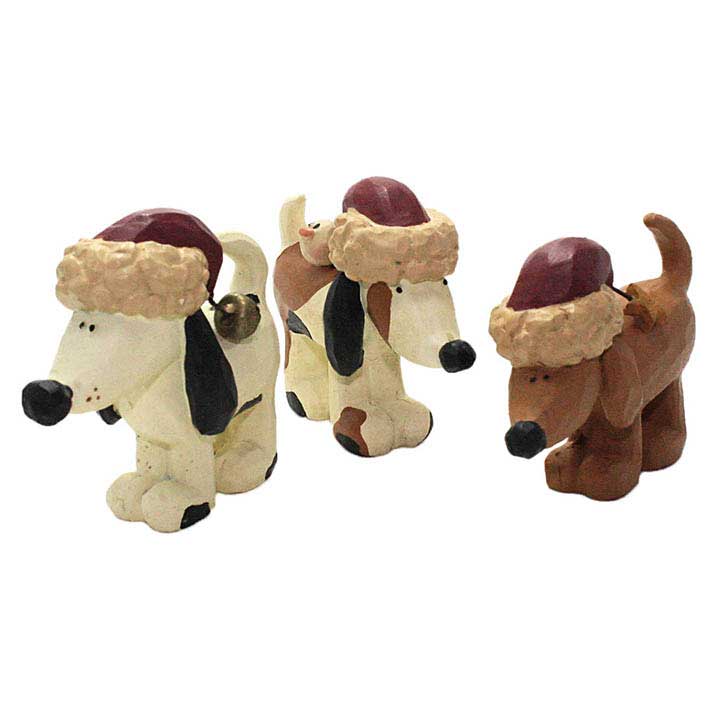 blossom bucket dog figurines - set of 3 different dogs in santa hats facing forward