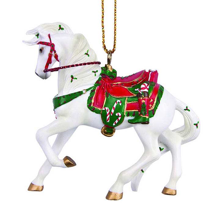 trail of painted ponies 4034506 Santa's stallion ornament, white horse with green and red riding gear - left side view