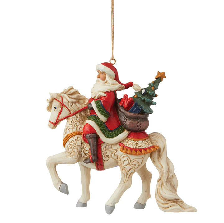 jim shore santa riding white horse with presents christmas ornament left side