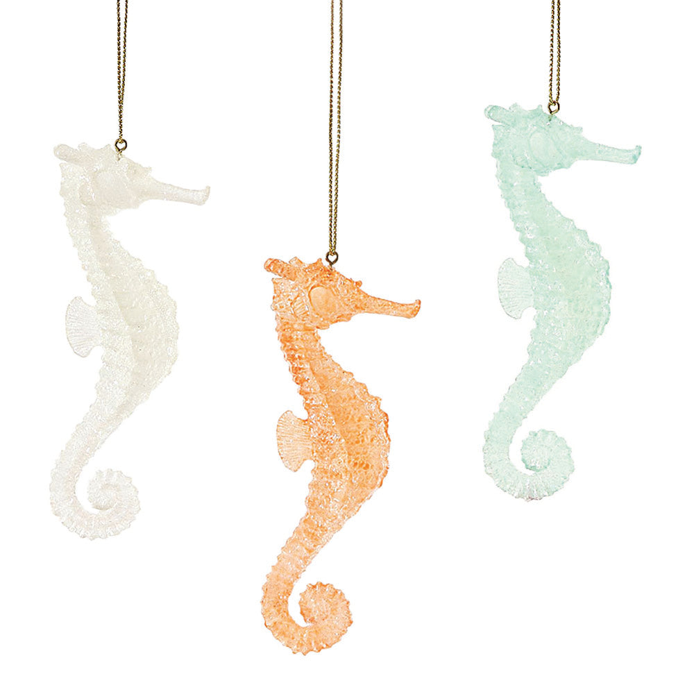 department 56 white, coral, green faux sea glass seahorse ornaments hanging from gold colored cord
