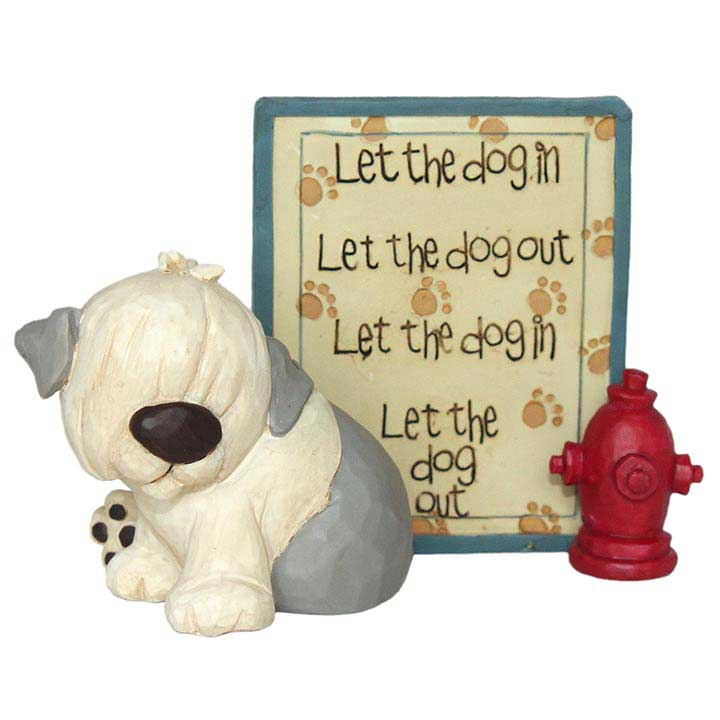 blossom bucket figuirine of white and gray sheepdog with fire hydrant to the right and sign in between with text "let the dog in let the dog out" repeated twice