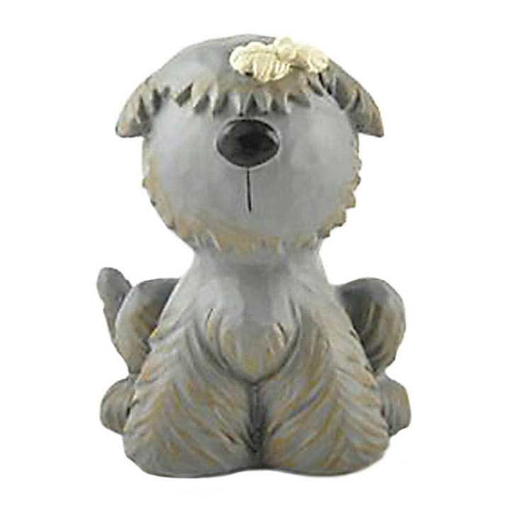 blossom bucket dog figurine - gray sheepdog with white bow on right top of head facing forward