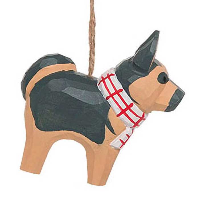 hand carved and painted wood German shepherd dog in white and red scarf ornament