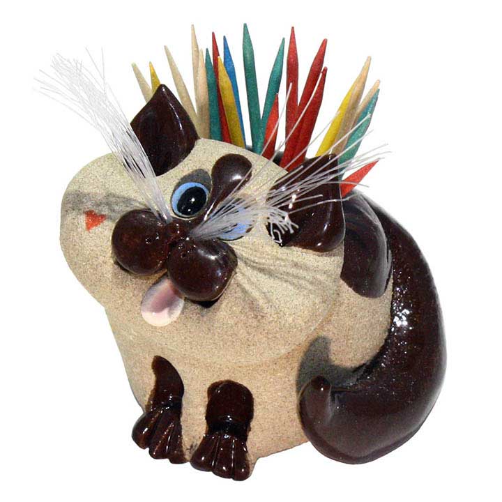  ceramic siamese cat figurine with red heart design on right cheek toothpick holder - front, left side view with multi-colored toothpicks in hole in back
