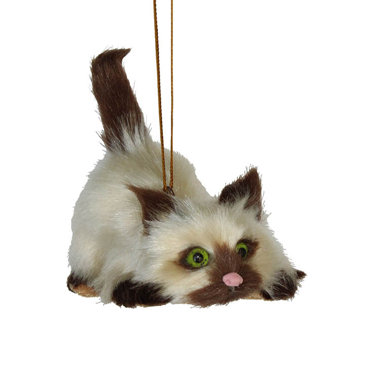 siamese furry kitten with green eyes ornament facing forward right