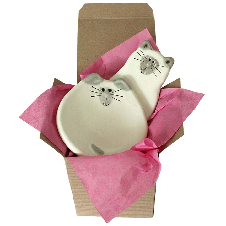 handmade ceramic siamese cat tea bag holder and refrigerator magnet in gift box