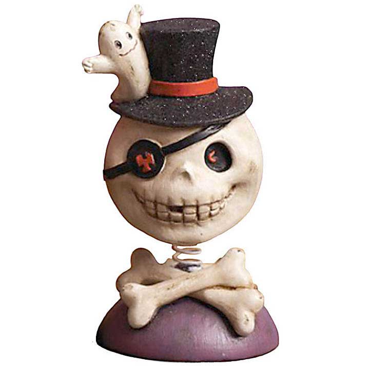 halloween skull with eye patch in top hat with ghost bobble head figurine front view showing crossed bones below head