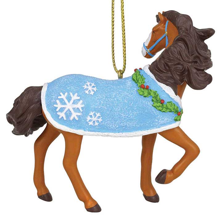 trail of painted ponies snow ready holiday horse ornament - right side, back of head close up view
