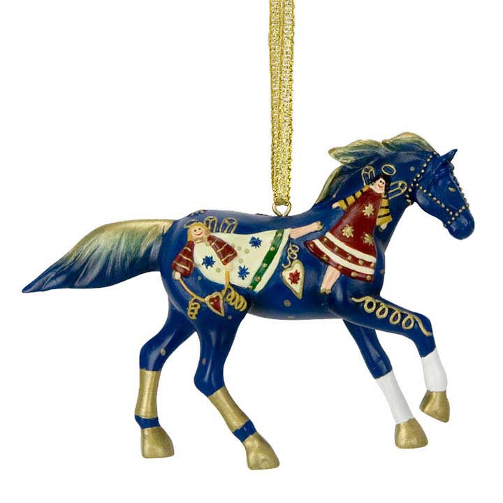 trail of painted ponies song of angels ornament, blue horse with painted angel art hanging from gold colored cord facing right