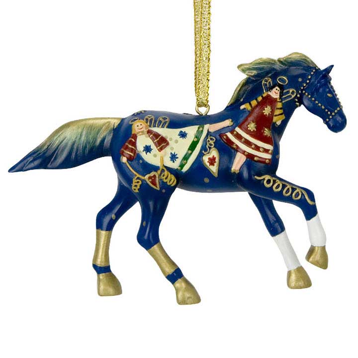 trail of painted ponies 4022244 song of angels ornament, blue horse with painted angel art hanging from gold colored cord facing right, close up view