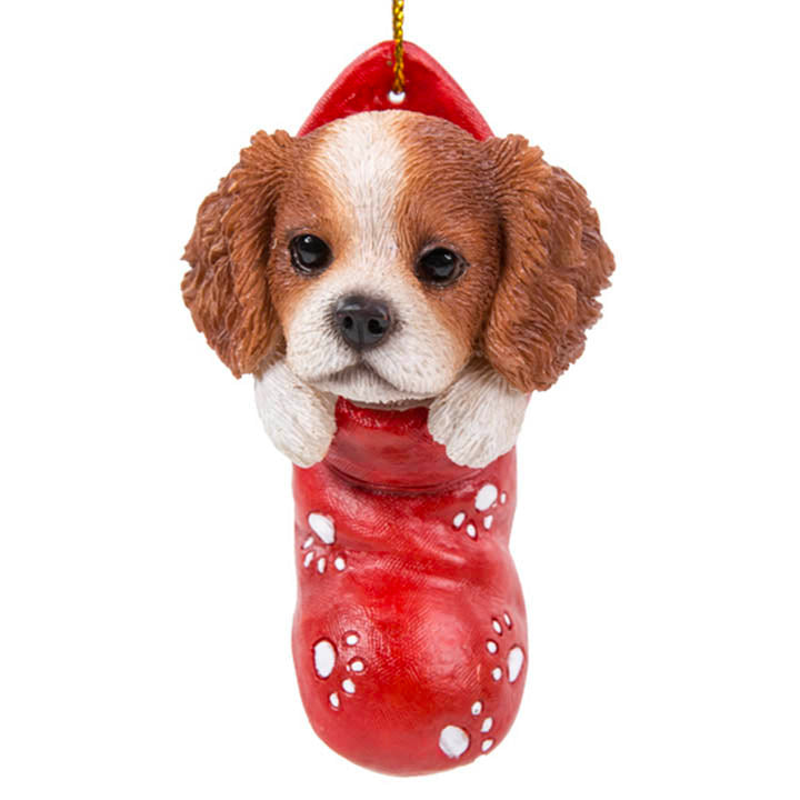 close up of King Charles Cocker Spaniel puppy in red with white paw print design stocking christmas ornament