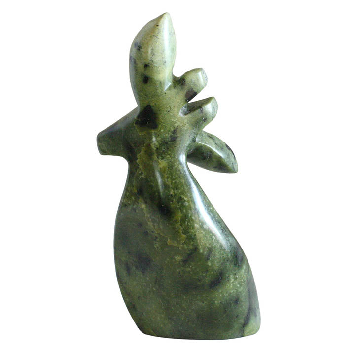 back view of abstract carved black speckled green leopard stone sculpture of giraffe facing left