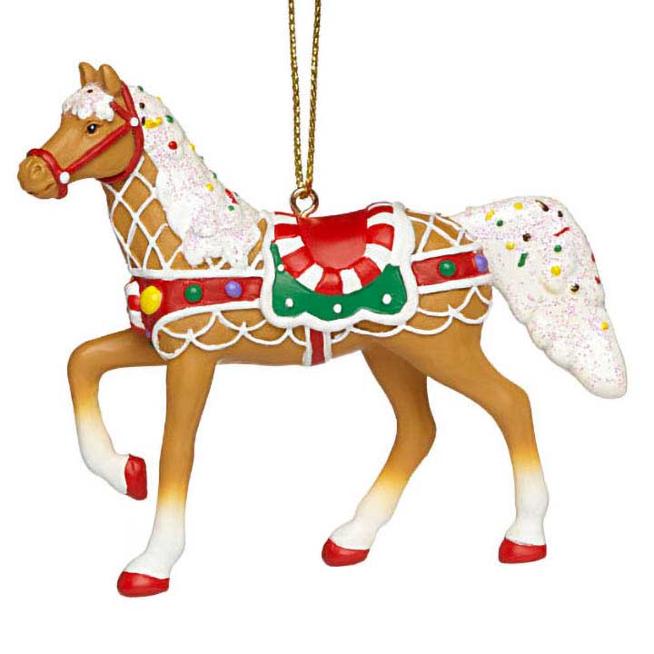 trail of painted ponies 4046340 sweet treat roundup ornament, palamino horse with gingerbread house design decorations - left side view, close up