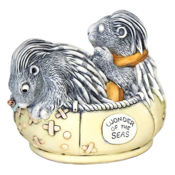 Harmony Kingdom CTJPO51 Tail Wind Treasure Jest box figurine, 2 porcupines in a rubber dighy, one in life vest, one looking over edge, "Wonder Of The Seas" decal on side of boat