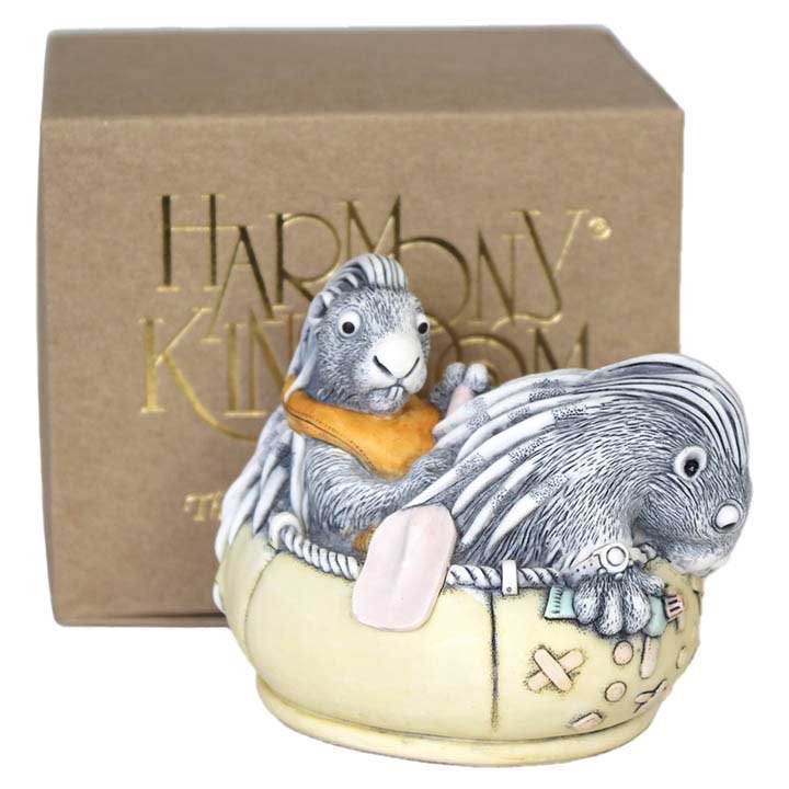 Harmony Kingdom CTJPO51 Tail Wind Treasure Jest box figurine, 2 porcupines in a rubber dighy, one in life vest with paddle, one looking over edge with watch and tube of puncture repair - gift box also shown