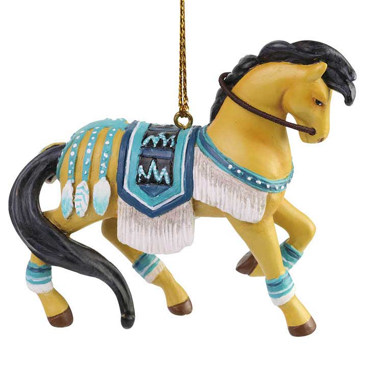 trail of painted ponies 6007403 turquoise princess ornament - buckskin horse with turquoise, navy blue and white tack, right side view