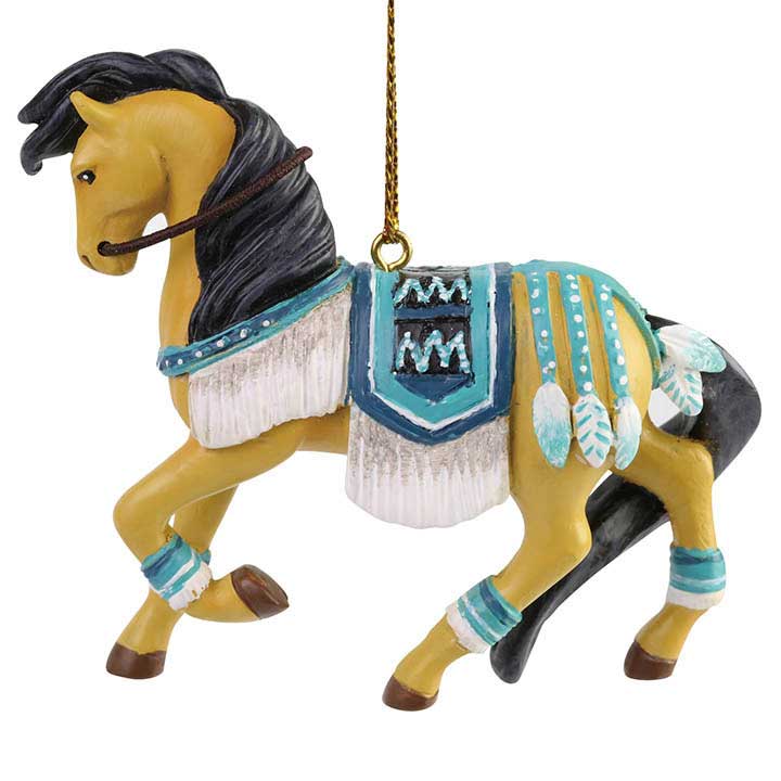 trail of painted ponies turquoise princess ornament - buckskin horse with turquoise, navy blue and white tack, left side view