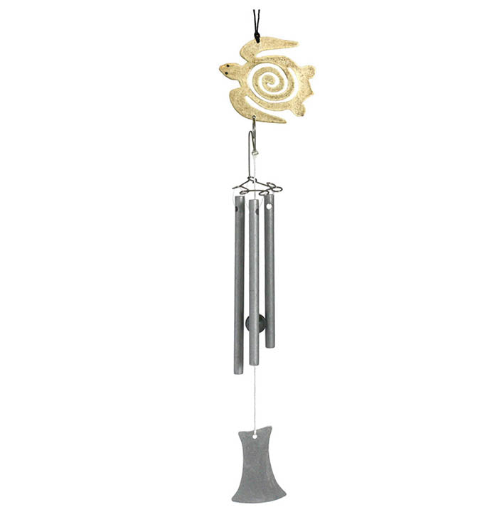 brass stylistic sea turtle with silver colored musical tubes and clapper hanging wind chimes