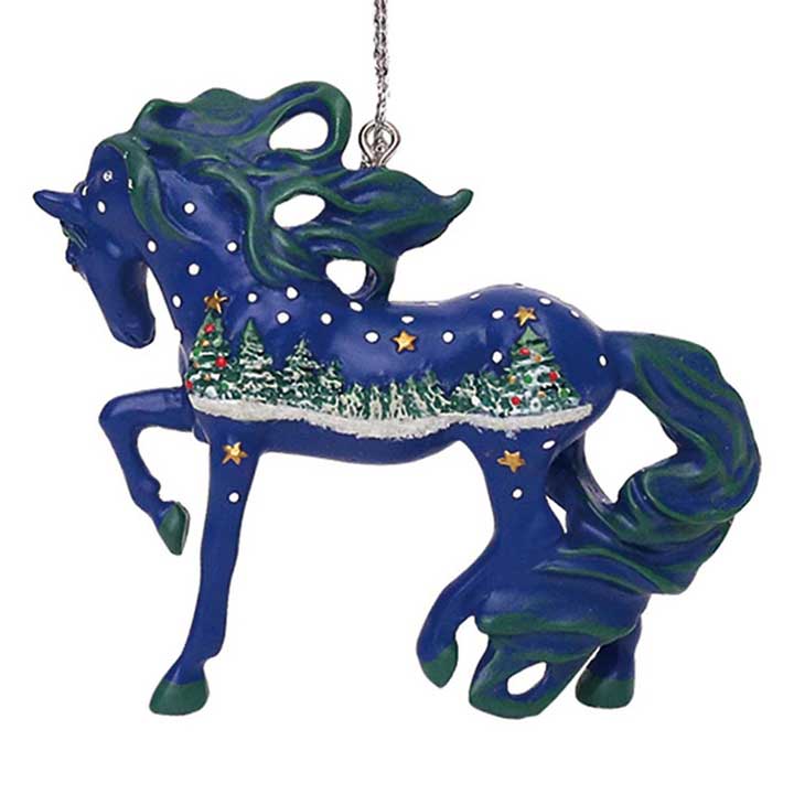 trail of painted ponies white christimas ornament - blue horse with painted stars and christmas tree scene - close up left side view