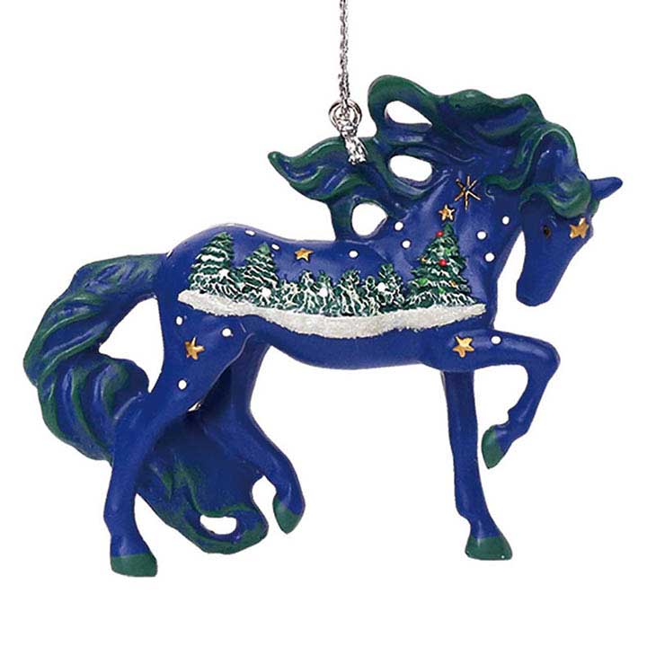 trail of painted ponies 6001111 white christimas ornament - blue horse with painted stars and christmas tree scene - close up right side view