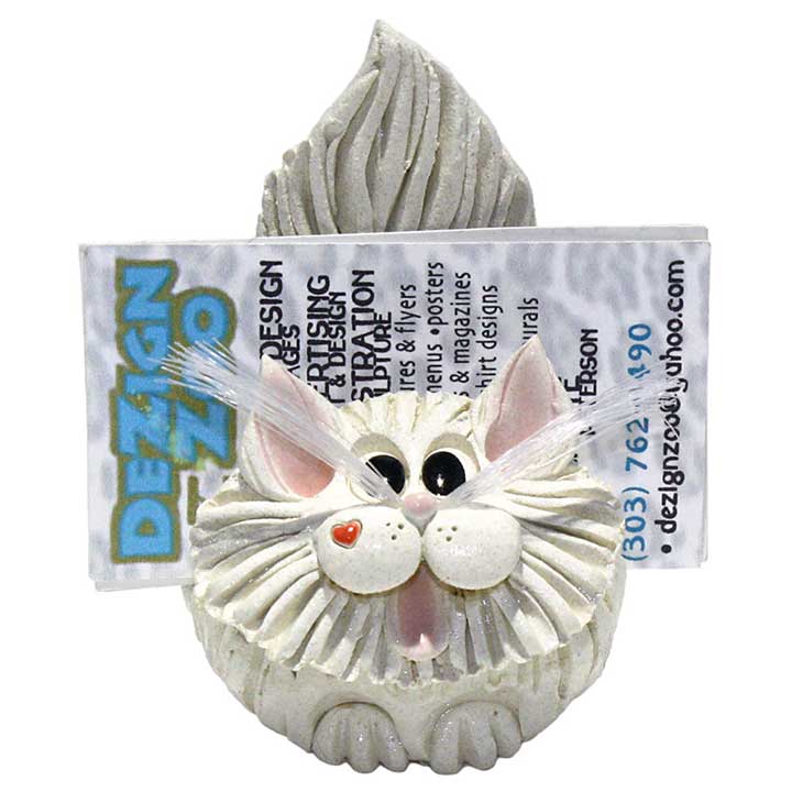 pence pets ceramic long hair white cat figurine, business card holder - full front view with business cards