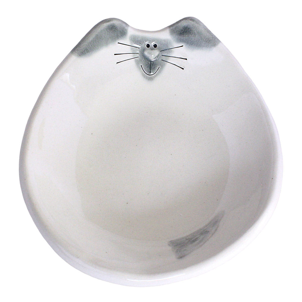 handmade glazed ceramic white siamese cat with gray ears and tail feeding bowl treat dish
