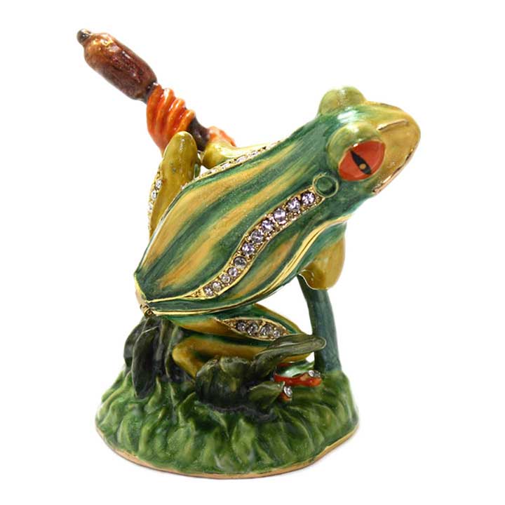 crystal accented enameled pewter frog on cattail figurine trinket box - image of right side, back