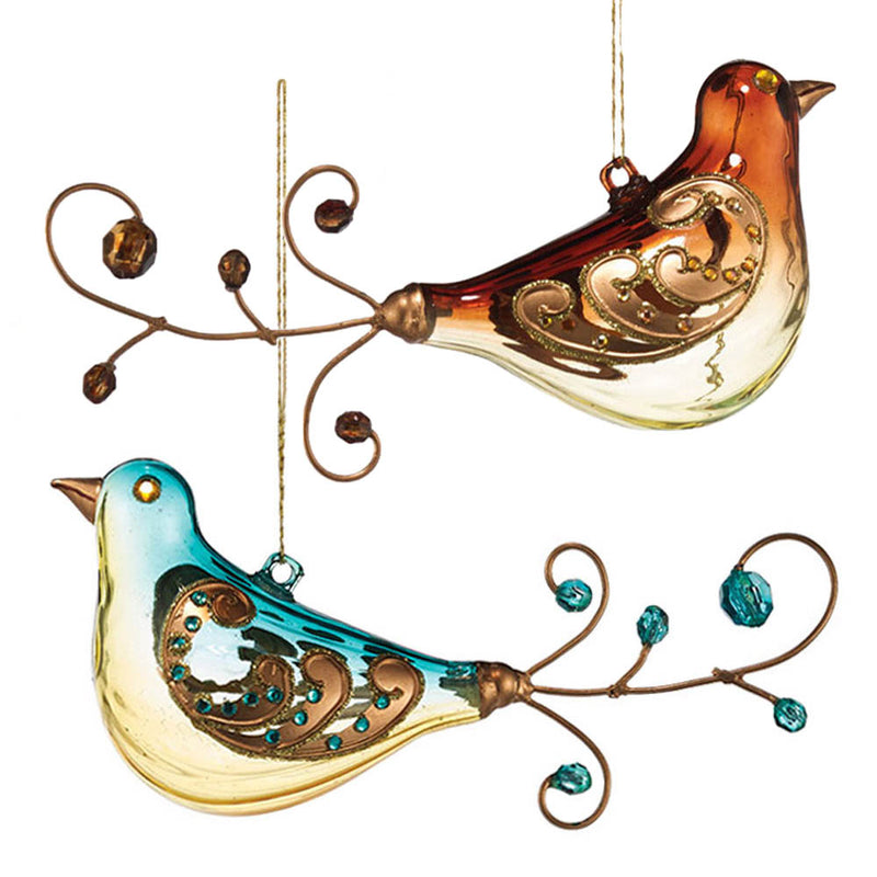 side view of department 56 one brown and one blue jeweled glass and wire bird hanging ornaments